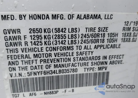 2020 Honda Pilot Awd Ex z USA, uszkodzony, nr VIN 5FNYF6H34LB035780